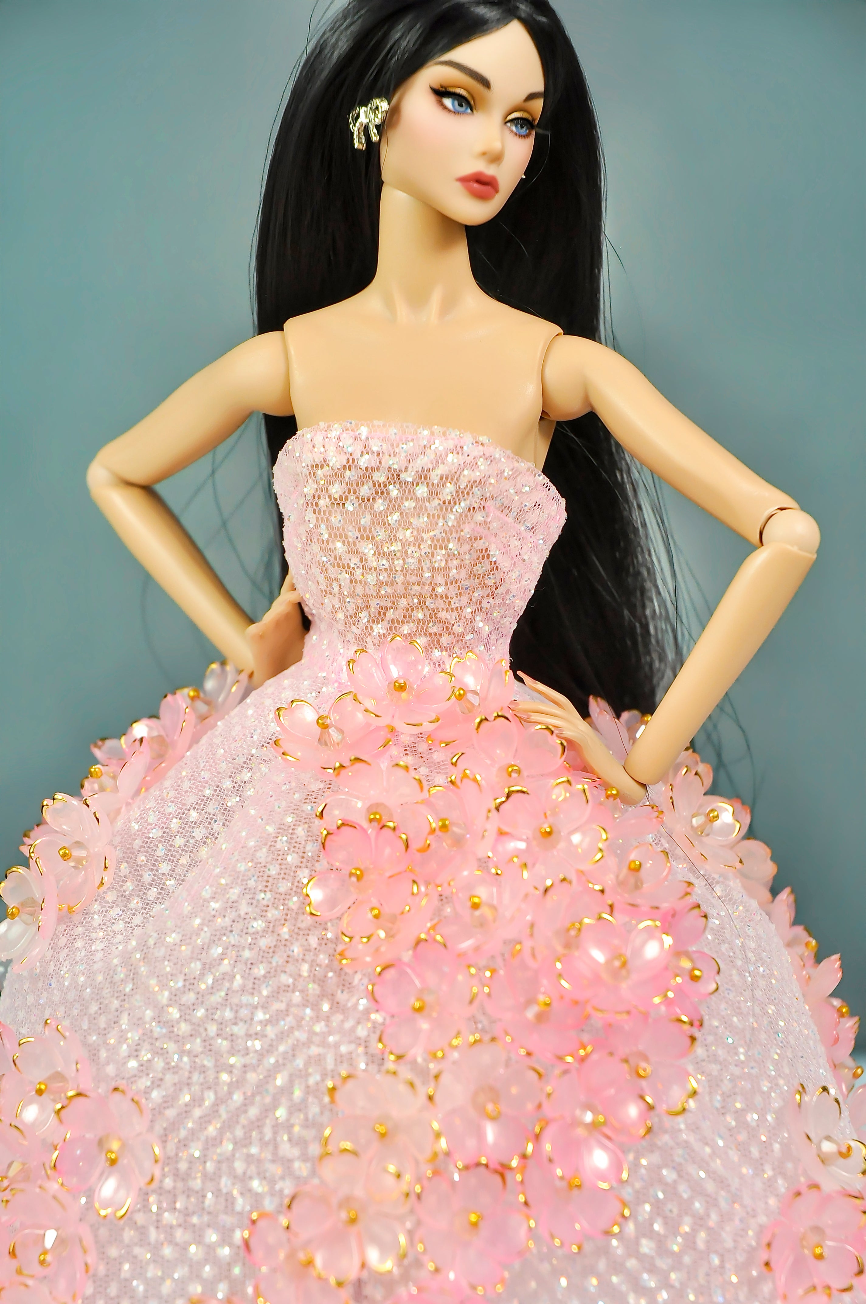 AURA COLLECTION | OOAK - Blush Petal Ball Gown for Fashion Royalty doll clothes & NU FACE doll