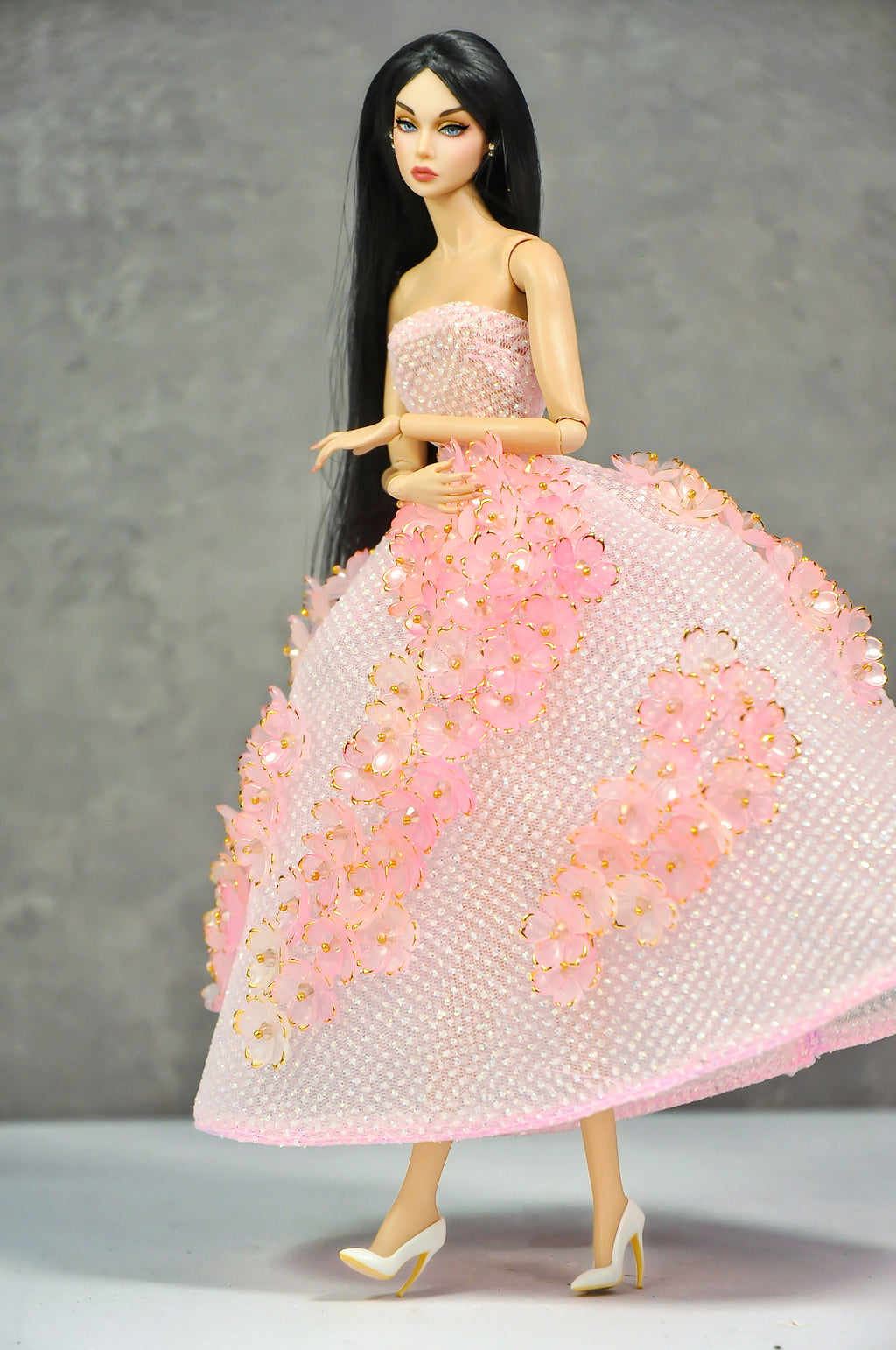 AURA COLLECTION | OOAK - Blush Petal Ball Gown for Fashion Royalty doll clothes & NU FACE doll