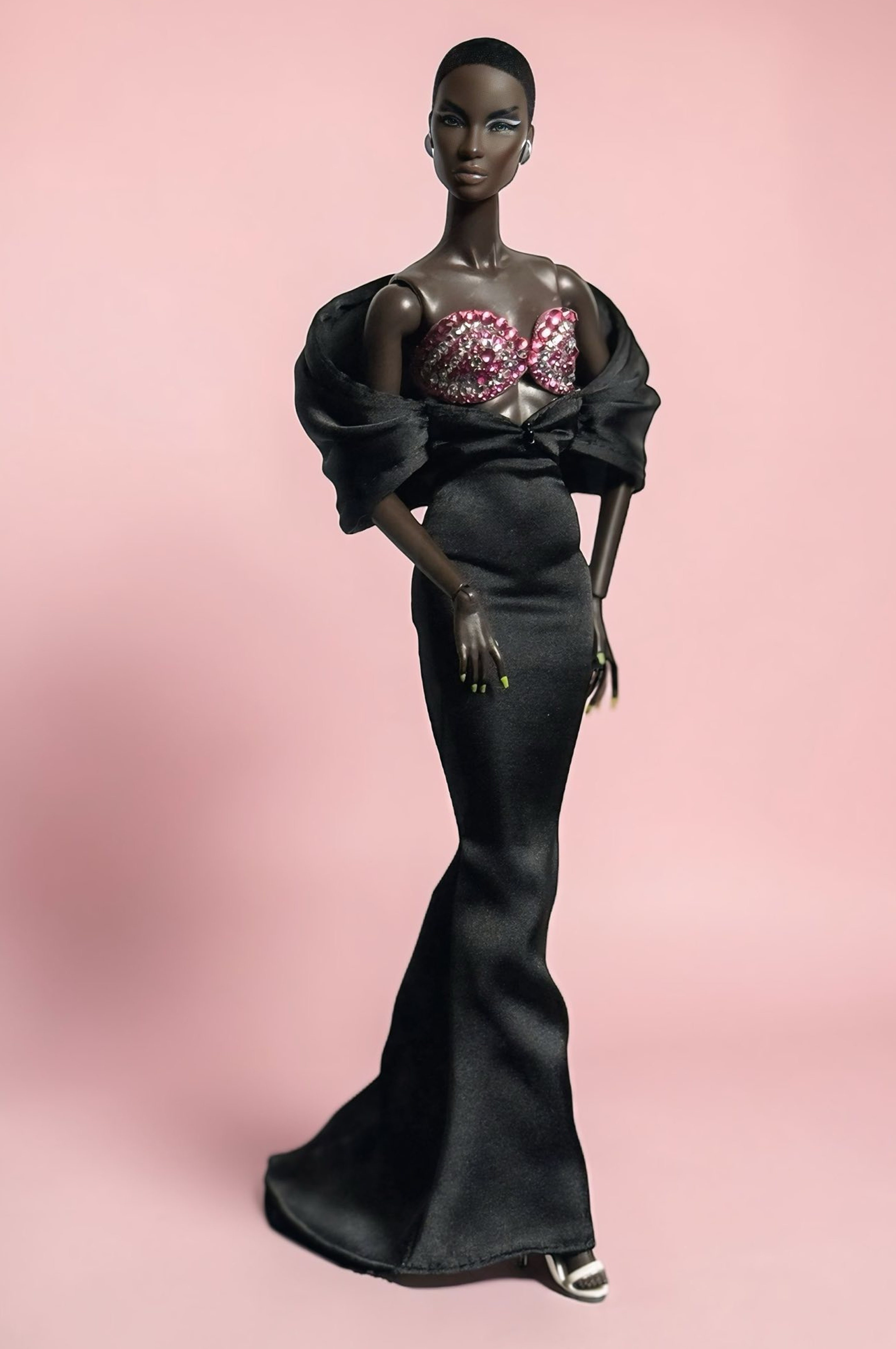 HAUTE | Black Satin Siren Gown with Crystal Pink Bustier – OOAK 1/6 doll clothes Scale Doll Clothes