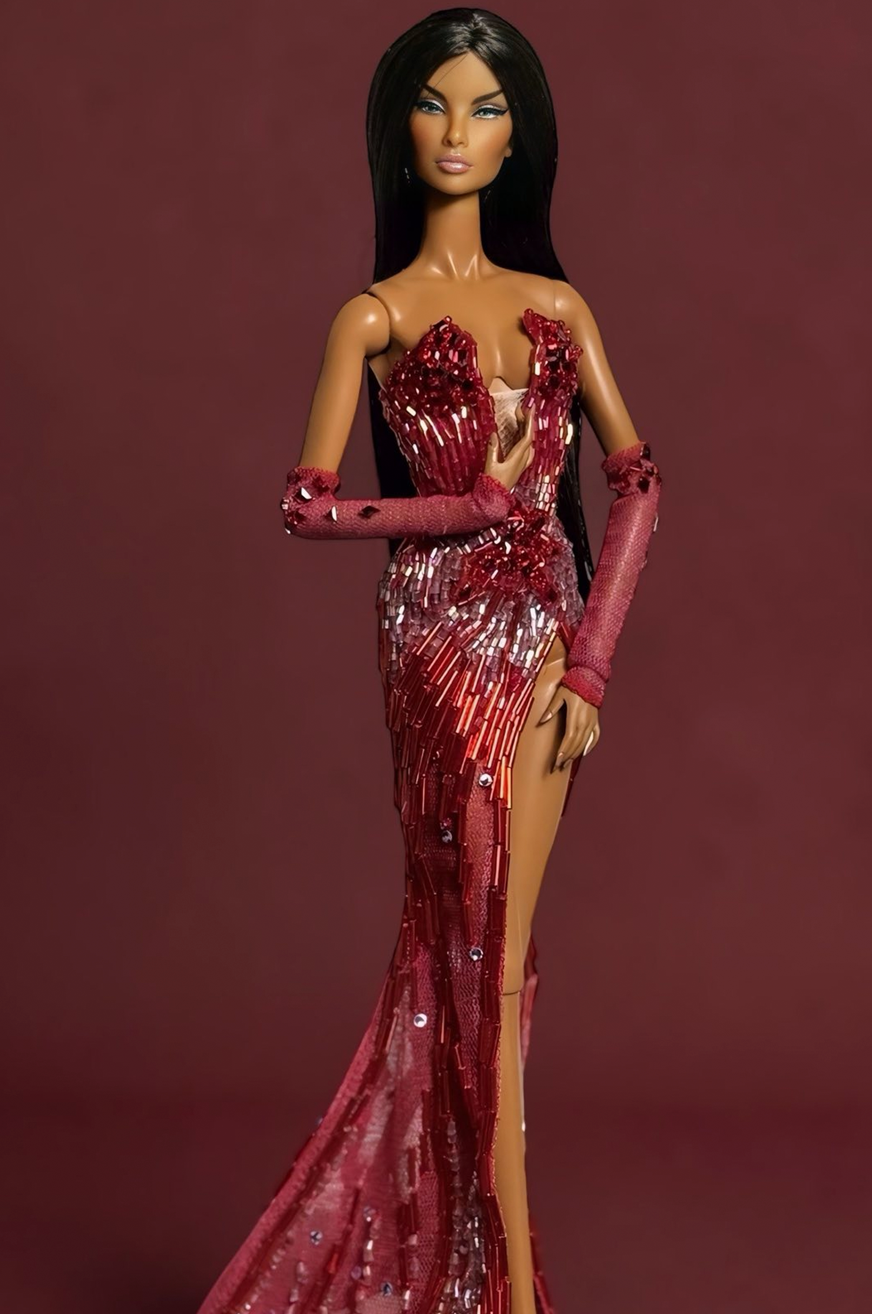 HAUTE | Couture Crimson Siren Gown — Luxury Beaded Evening Dress for OOAK 1/6 doll clothes Scale Doll Clothes