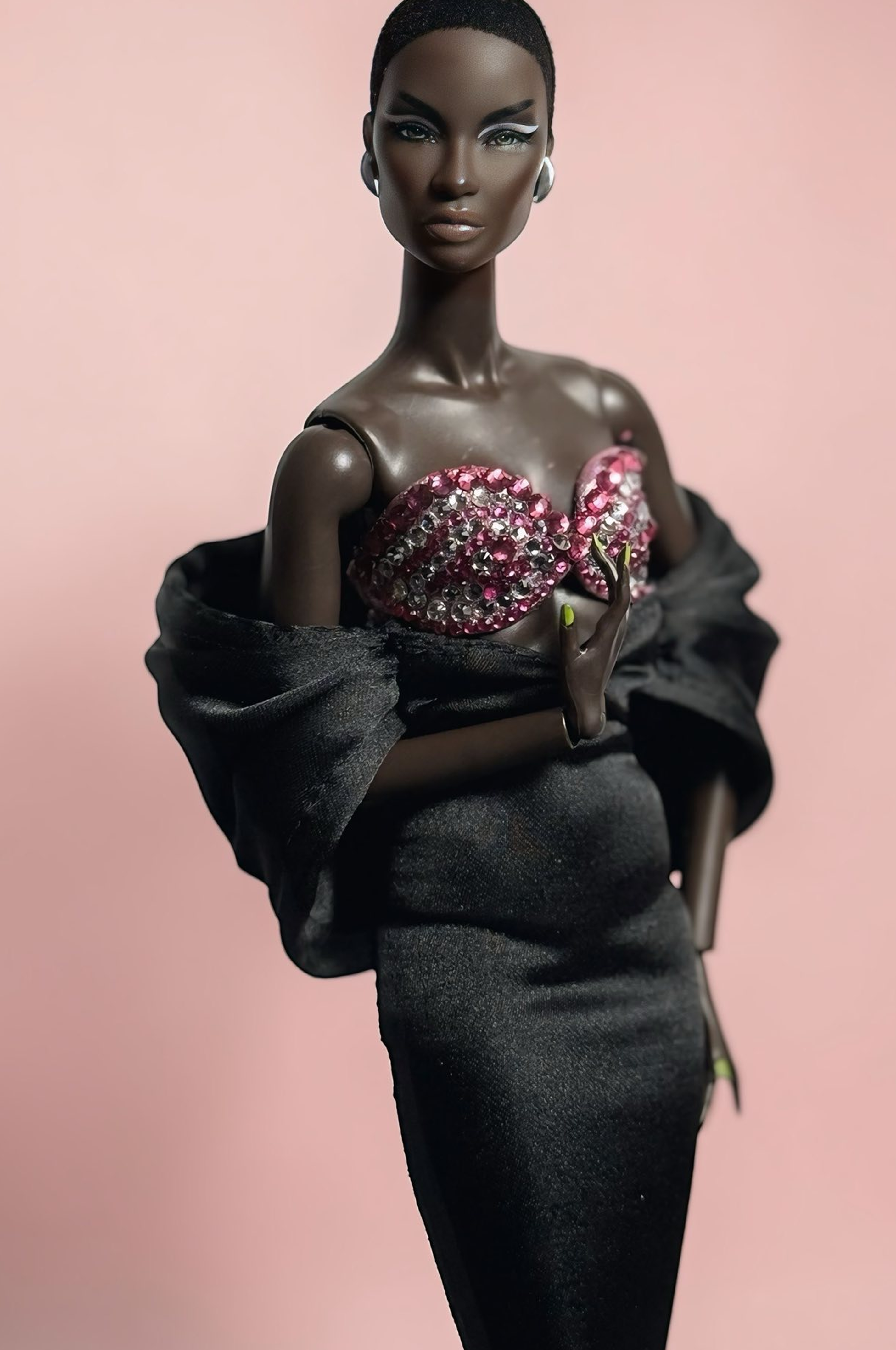 HAUTE | Black Satin Siren Gown with Crystal Pink Bustier – OOAK 1/6 doll clothes Scale Doll Clothes