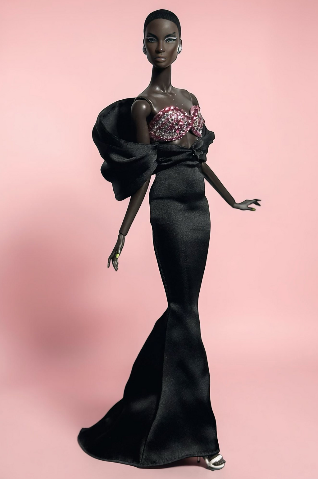 HAUTE | Black Satin Siren Gown with Crystal Pink Bustier – OOAK 1/6 doll clothes Scale Doll Clothes