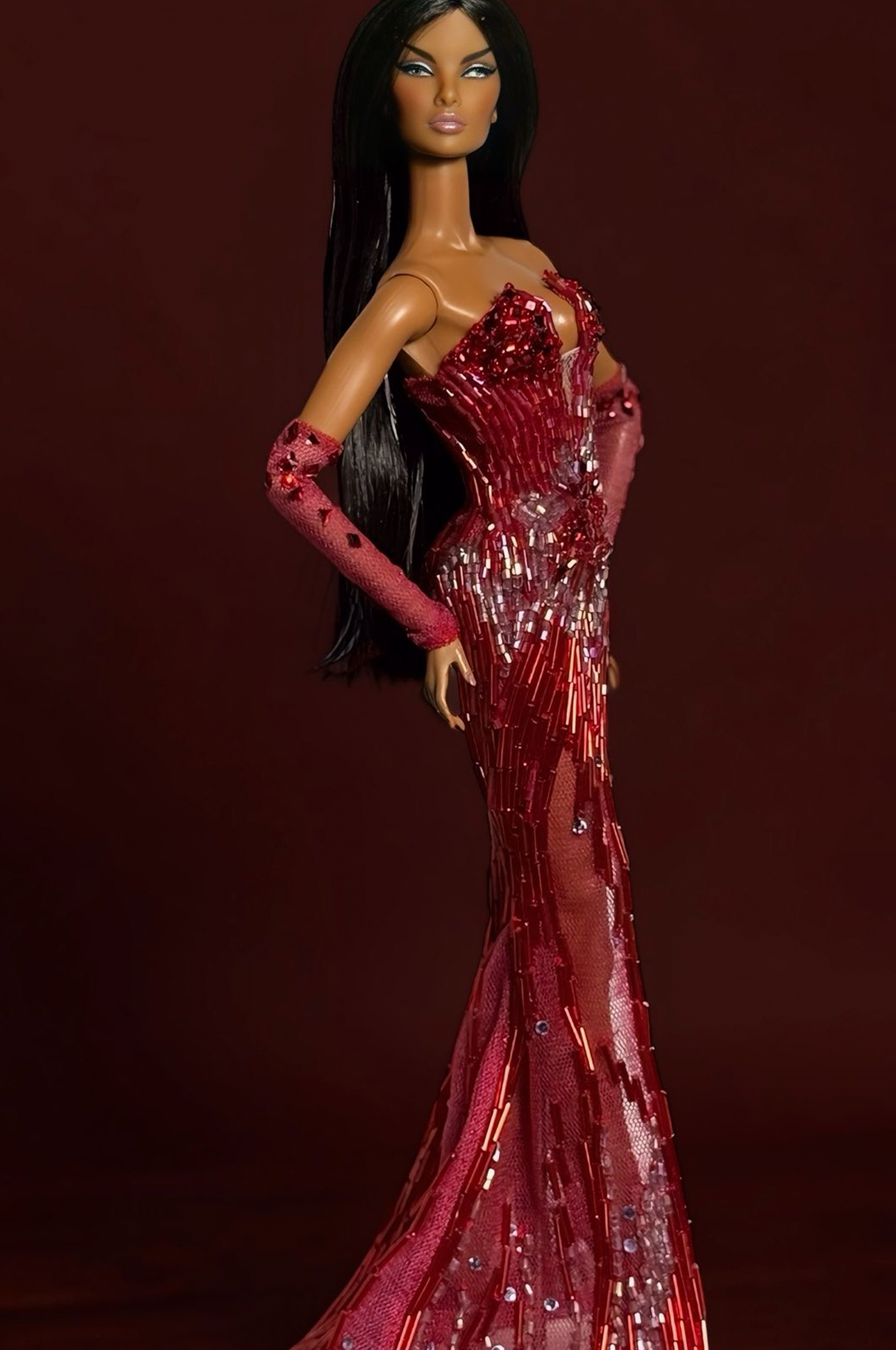 HAUTE | Couture Crimson Siren Gown — Luxury Beaded Evening Dress for OOAK 1/6 doll clothes Scale Doll Clothes