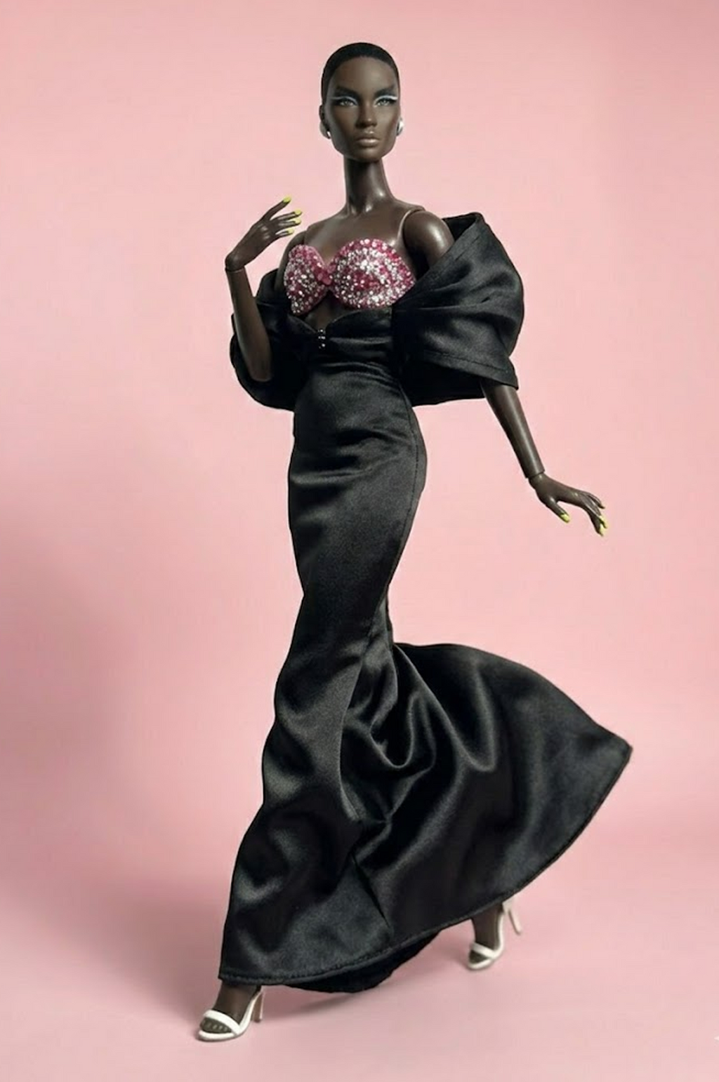 HAUTE | Black Satin Siren Gown with Crystal Pink Bustier – OOAK 1/6 doll clothes Scale Doll Clothes