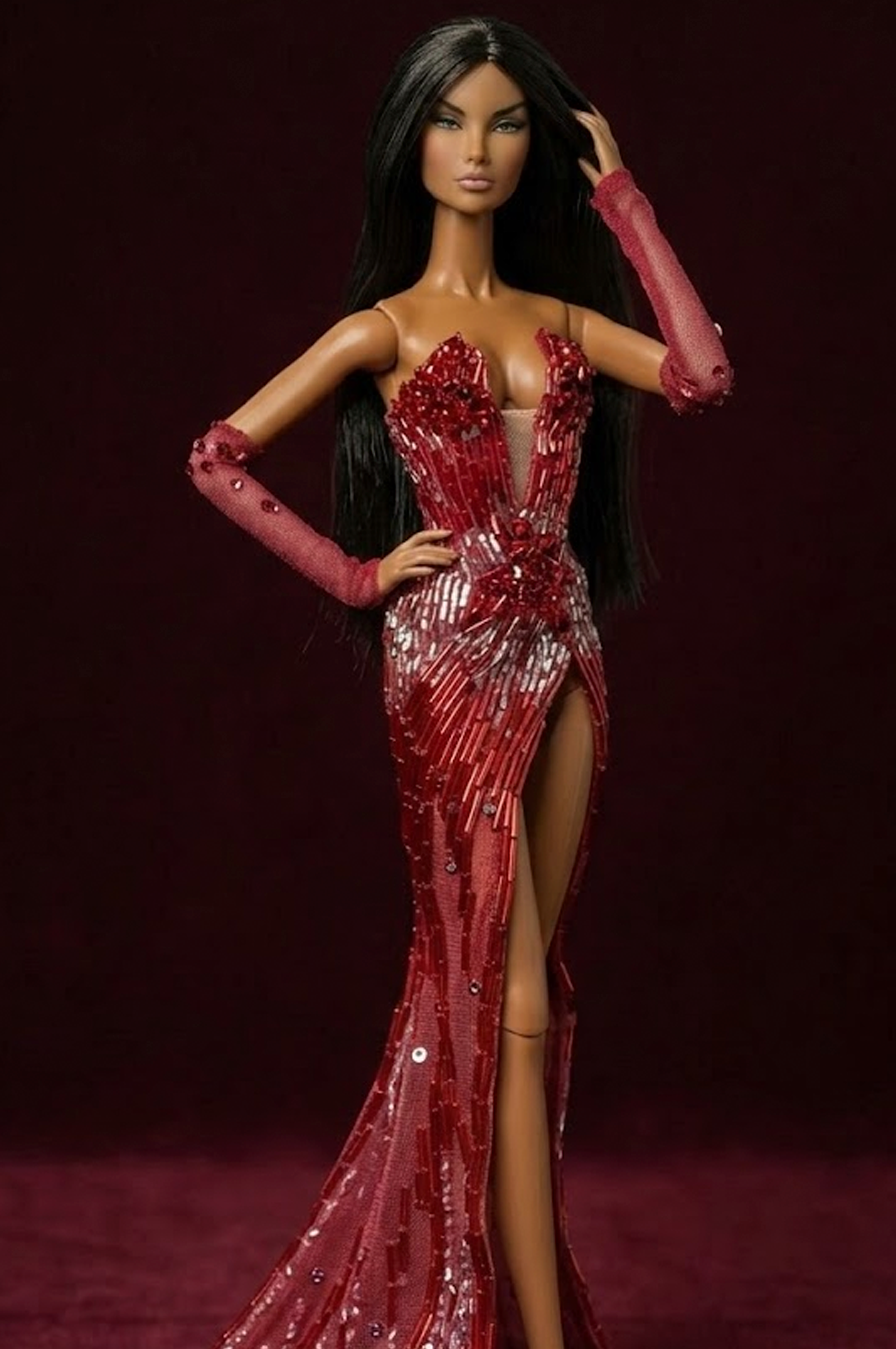 HAUTE | Couture Crimson Siren Gown — Luxury Beaded Evening Dress for OOAK 1/6 doll clothes Scale Doll Clothes