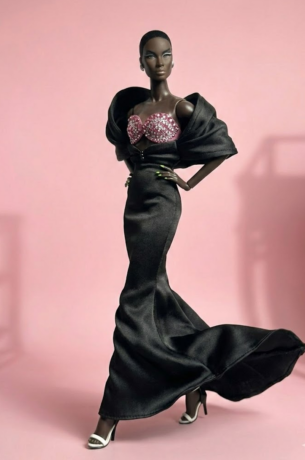 HAUTE | Black Satin Siren Gown with Crystal Pink Bustier – OOAK 1/6 doll clothes Scale Doll Clothes