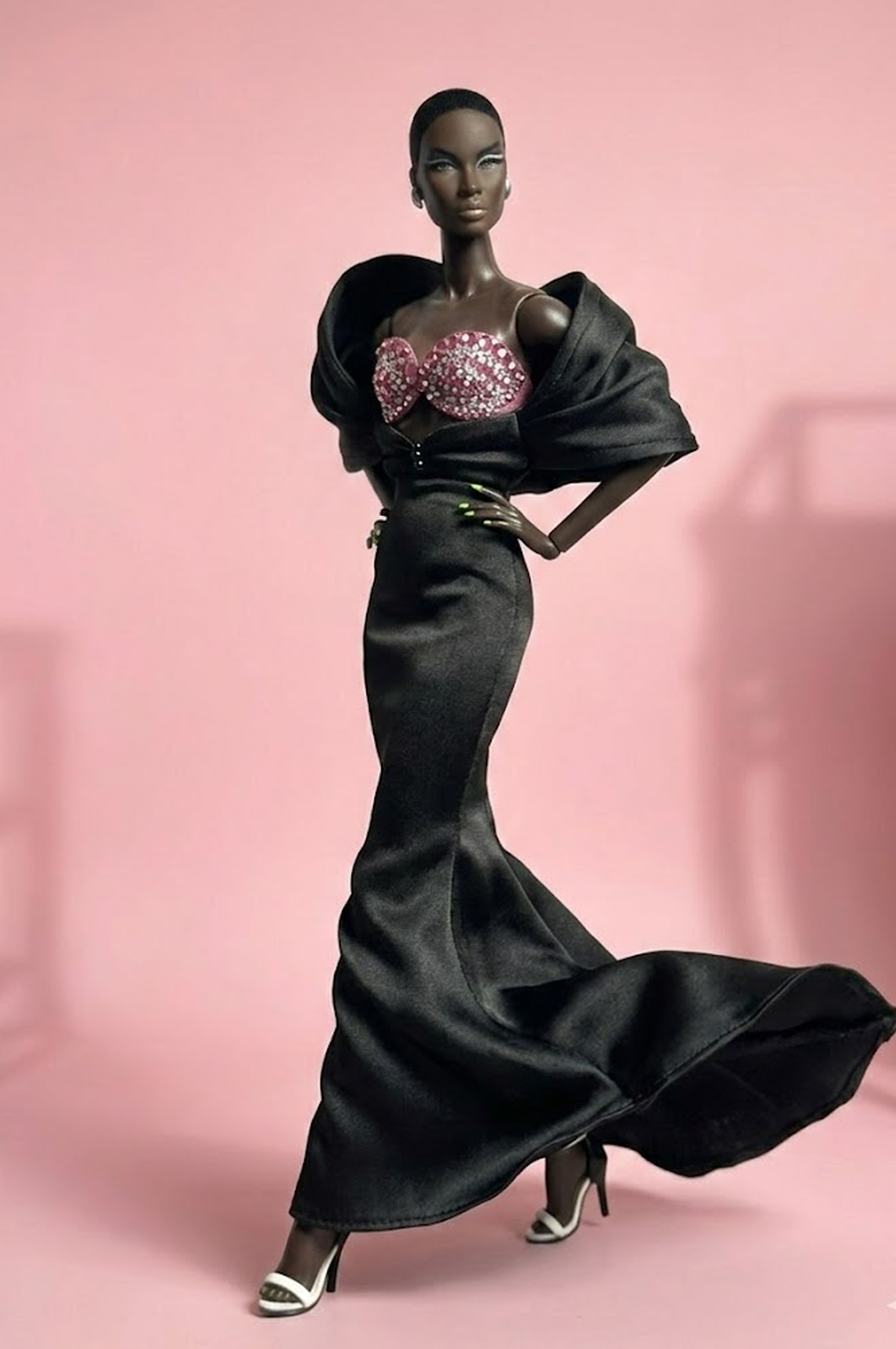 HAUTE | Black Satin Siren Gown with Crystal Pink Bustier – OOAK 1/6 doll clothes Scale Doll Clothes