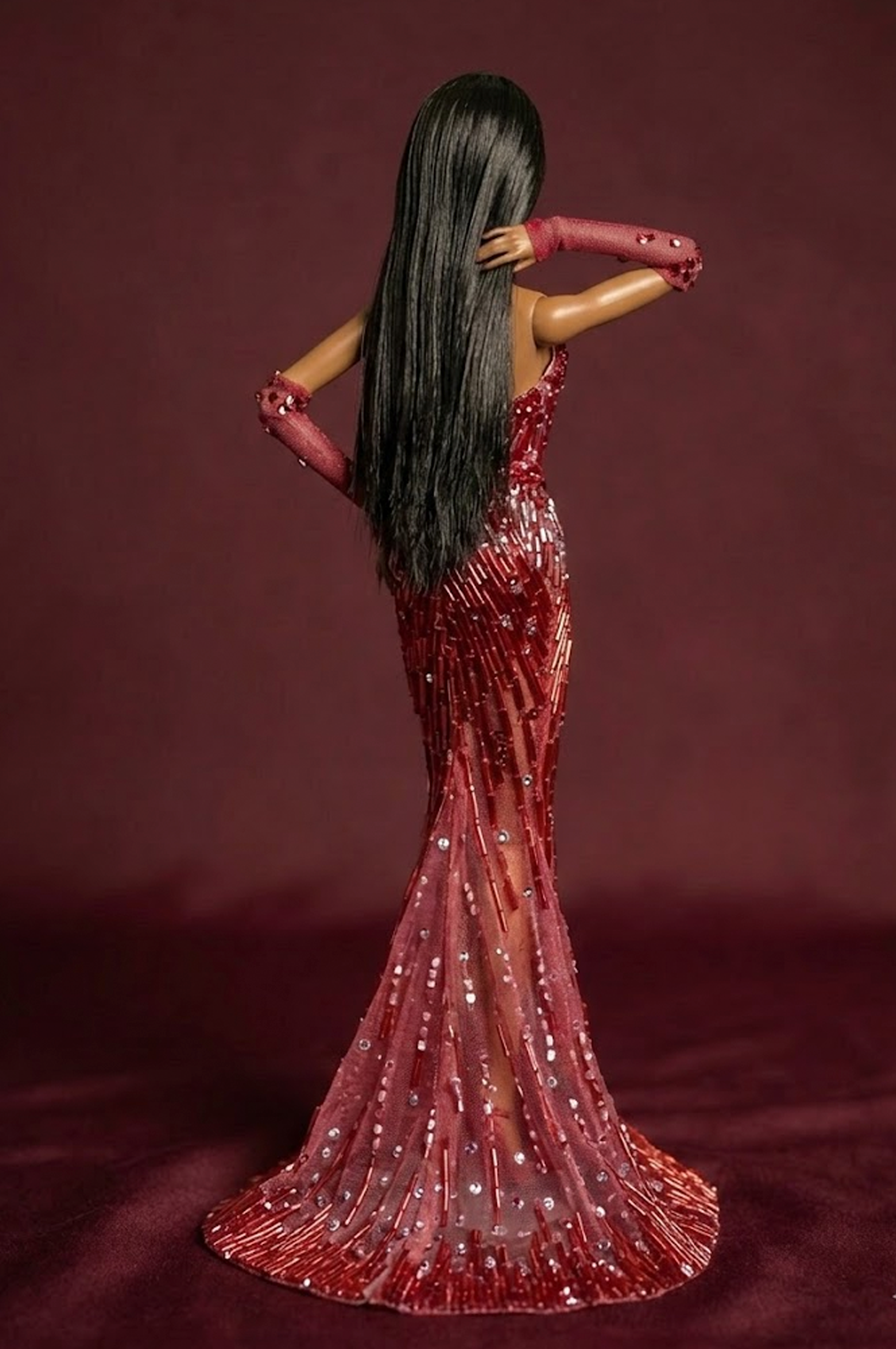 HAUTE | Couture Crimson Siren Gown — Luxury Beaded Evening Dress for OOAK 1/6 doll clothes Scale Doll Clothes