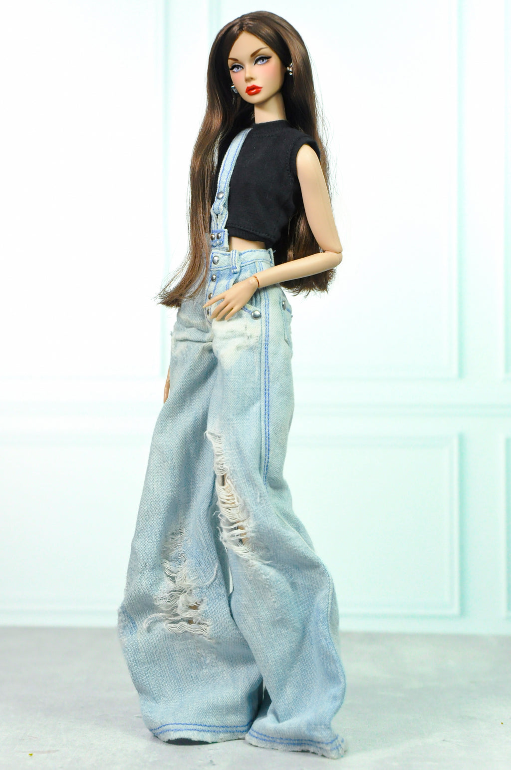 Denim Wide-Leg Overall Jeans with Black Crop Top – Fashion Royalty / Integrity Toys 1:6 Scale Doll Clothes