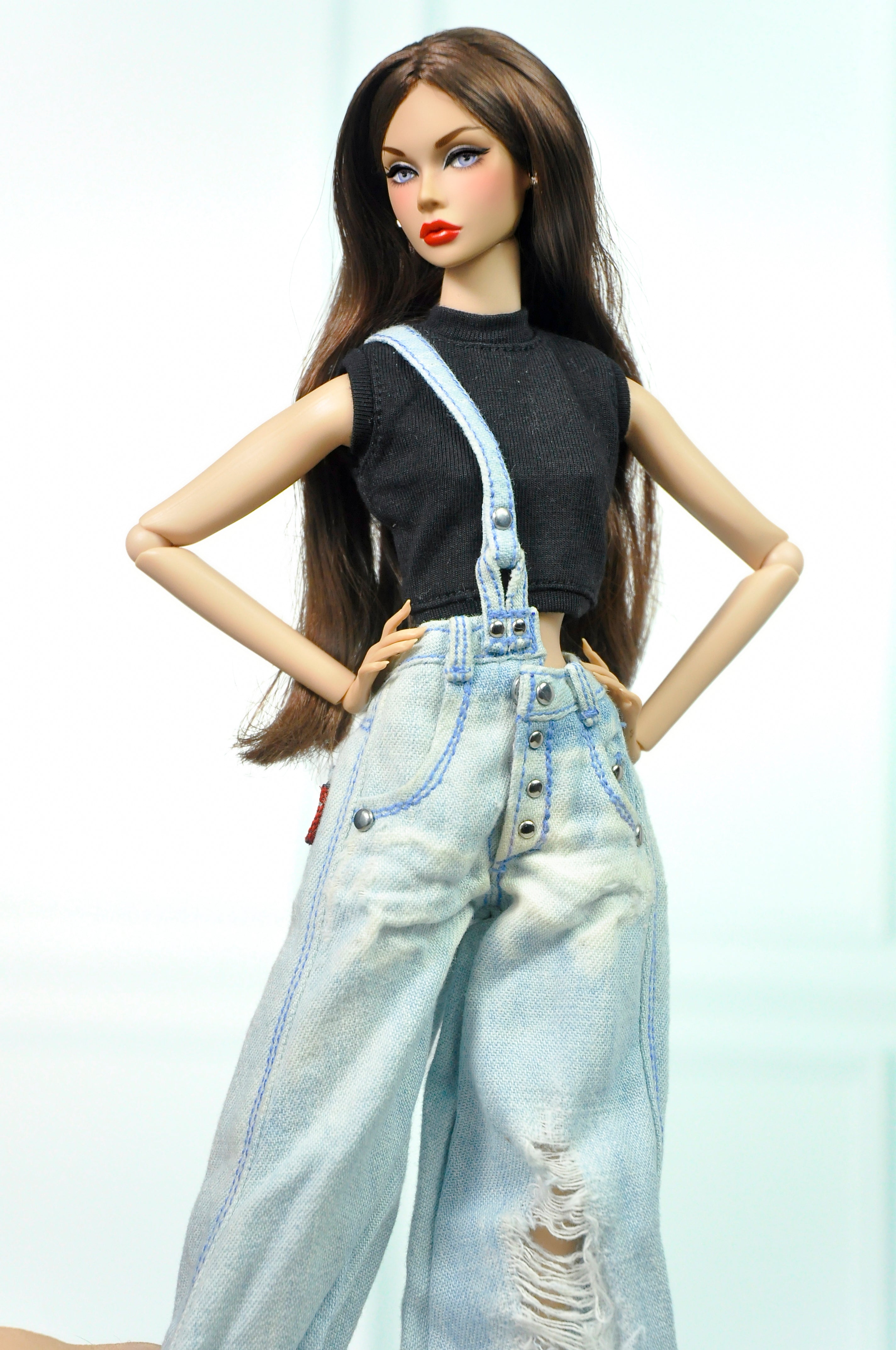 Denim Wide-Leg Overall Jeans with Black Crop Top – Fashion Royalty / Integrity Toys 1:6 Scale Doll Clothes