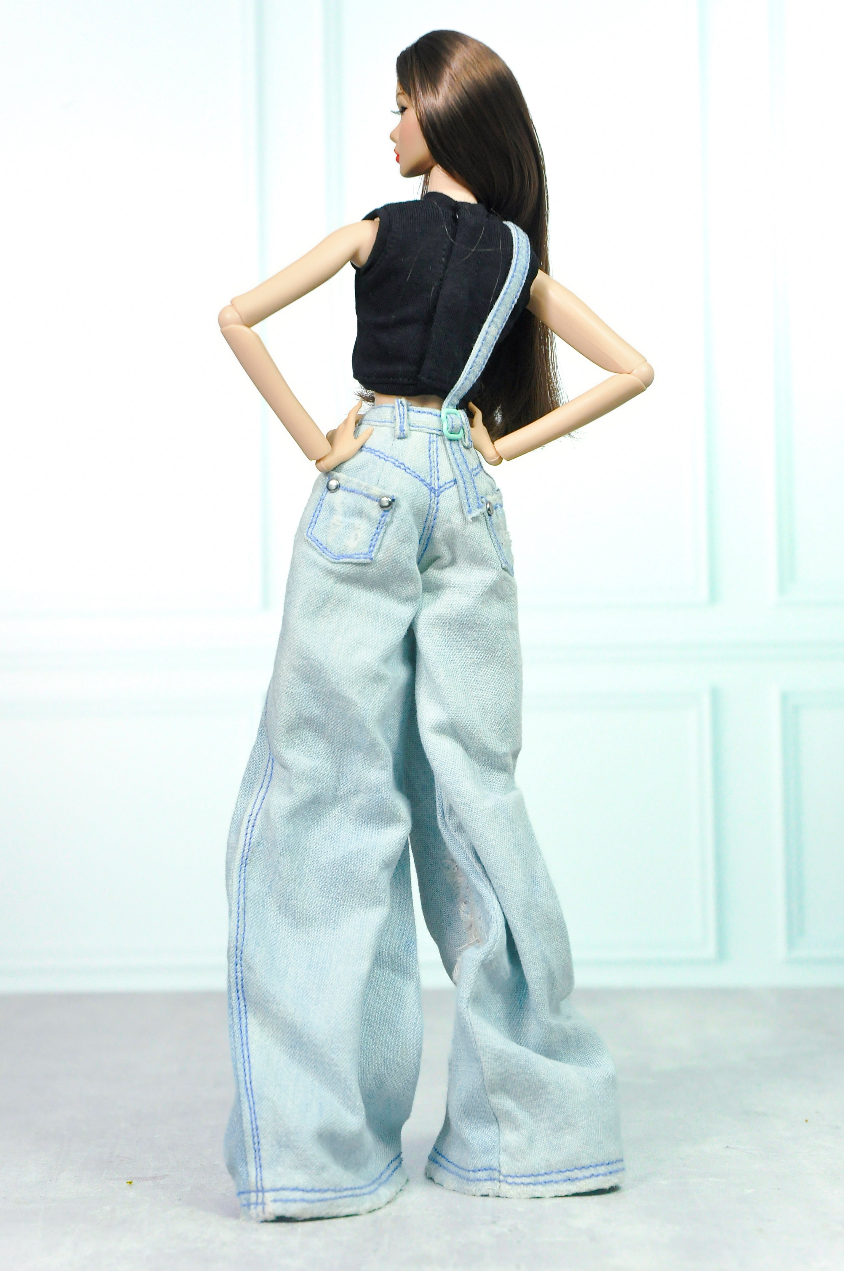 Denim Wide-Leg Overall Jeans with Black Crop Top – Fashion Royalty / Integrity Toys 1:6 Scale Doll Clothes