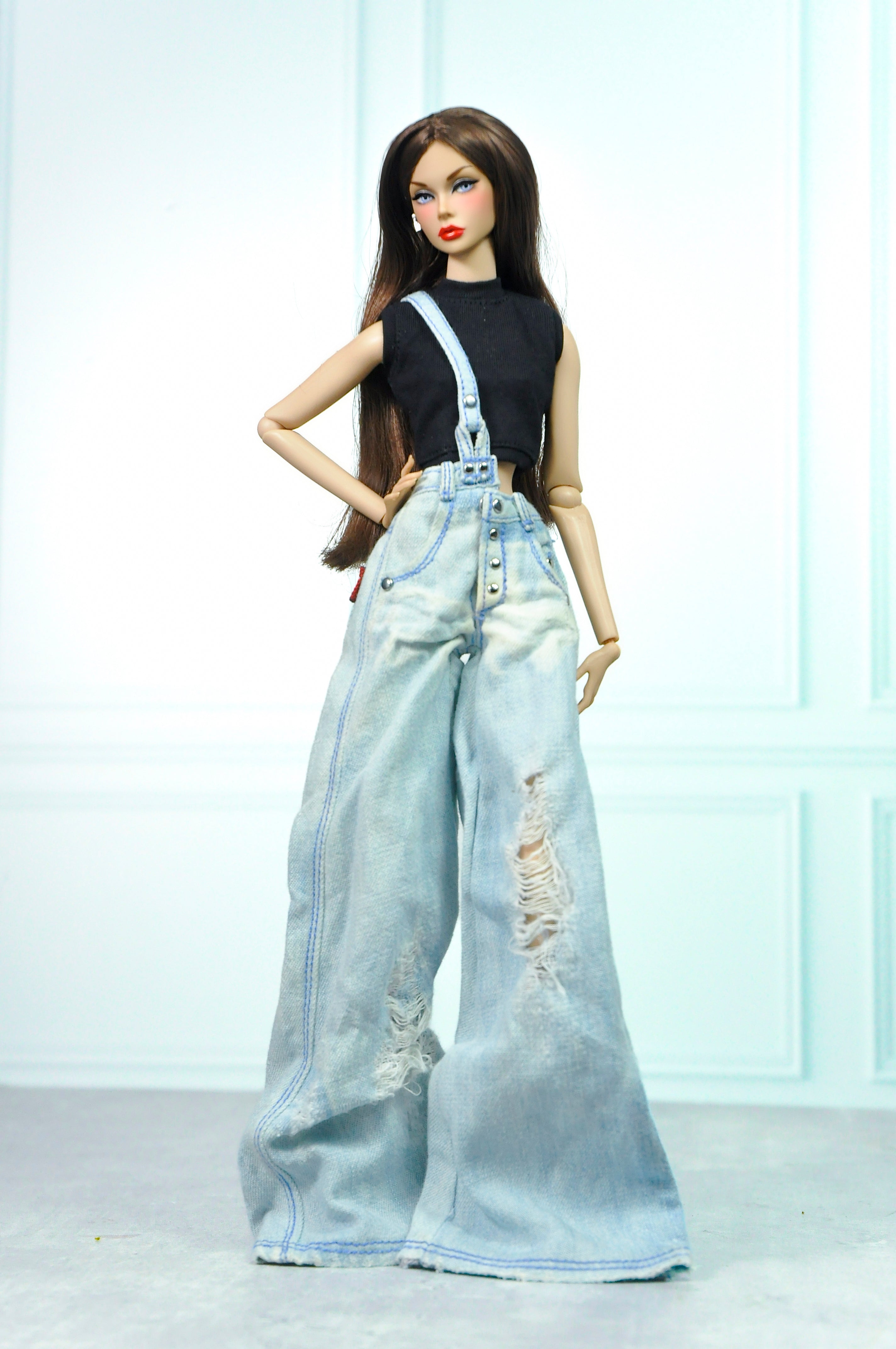 Denim Wide-Leg Overall Jeans with Black Crop Top – Fashion Royalty / Integrity Toys 1:6 Scale Doll Clothes