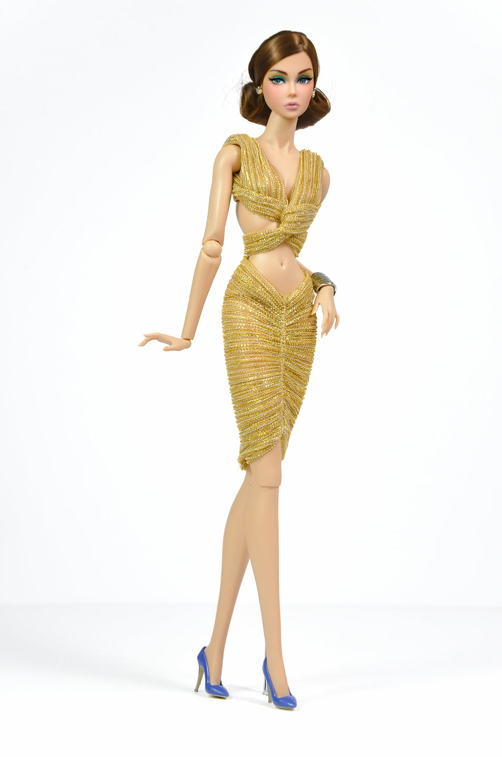 Gold One-Shoulder Twist Dress for Fashion Royalty | FR2 NuFace Doll Clothes | Metallic Gold 1/6 Scale Outfit