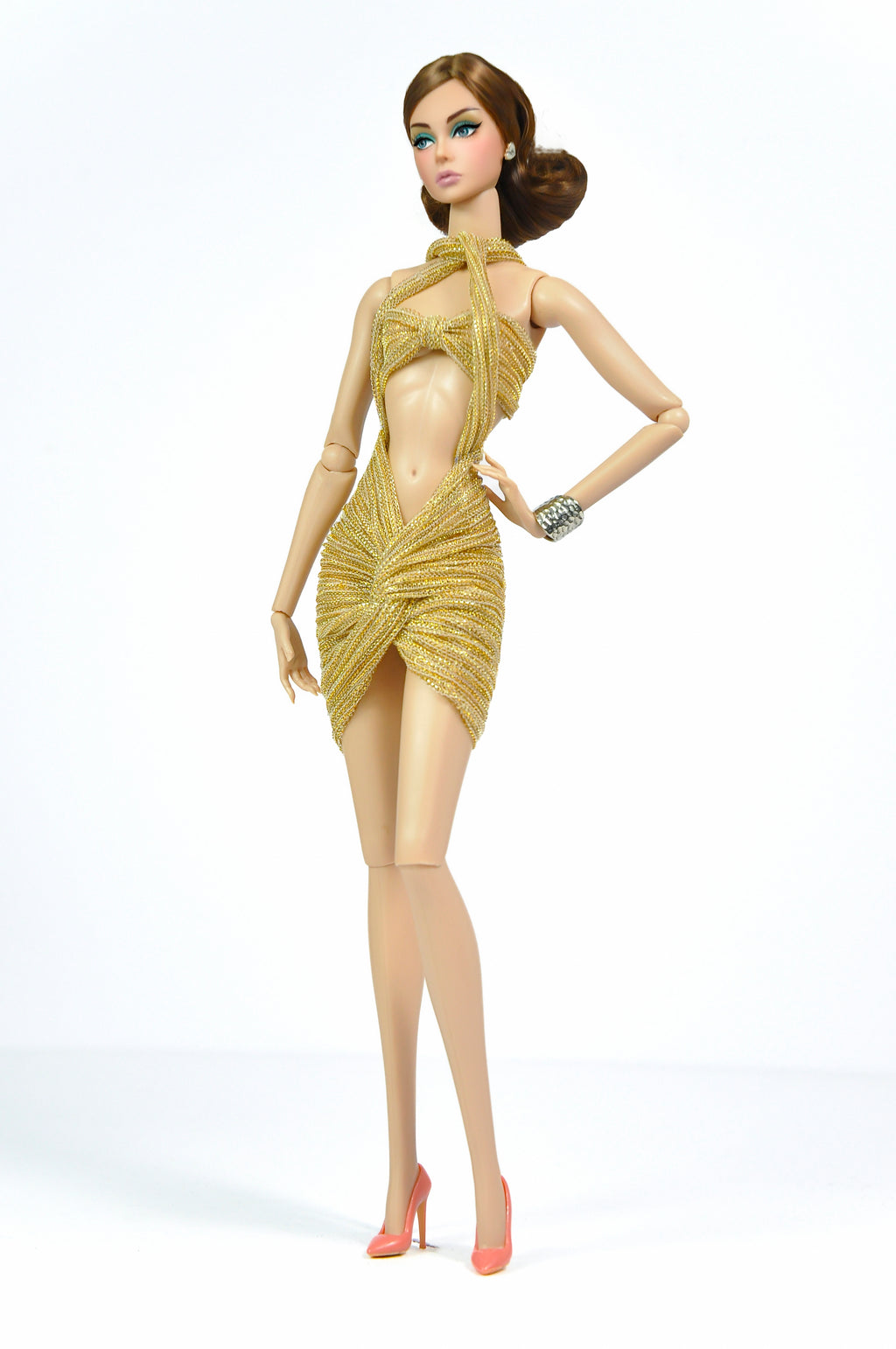 Gold Cut-Out Twist Dress for Fashion Royalty | FR2 NuFace Glam Outfit | 1/6 Scale Doll Clothes | Golden Knot Dress