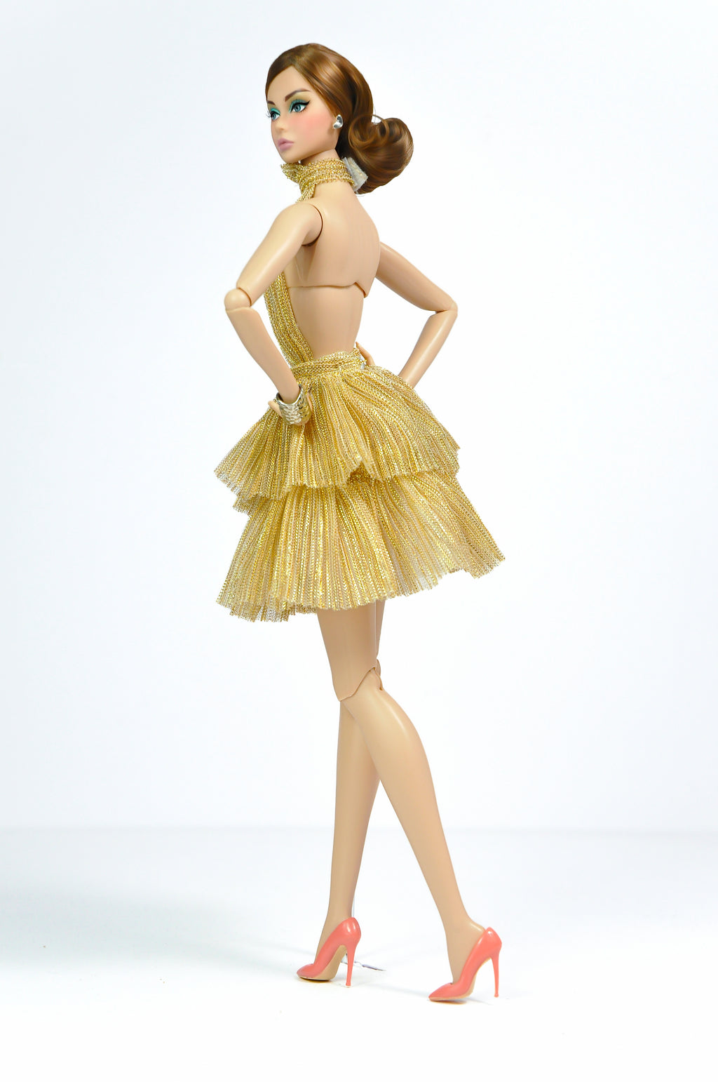 Gold Ruffled Halter Dress for Fashion Royalty | FR2 NuFace Party Dress | Tiered Metallic Doll Outfit | 1/6 Scale Couture