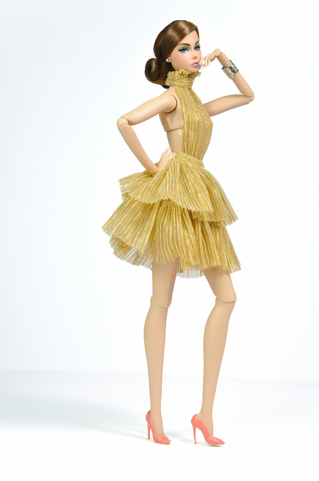 Gold Ruffled Halter Dress for Fashion Royalty | FR2 NuFace Party Dress | Tiered Metallic Doll Outfit | 1/6 Scale Couture