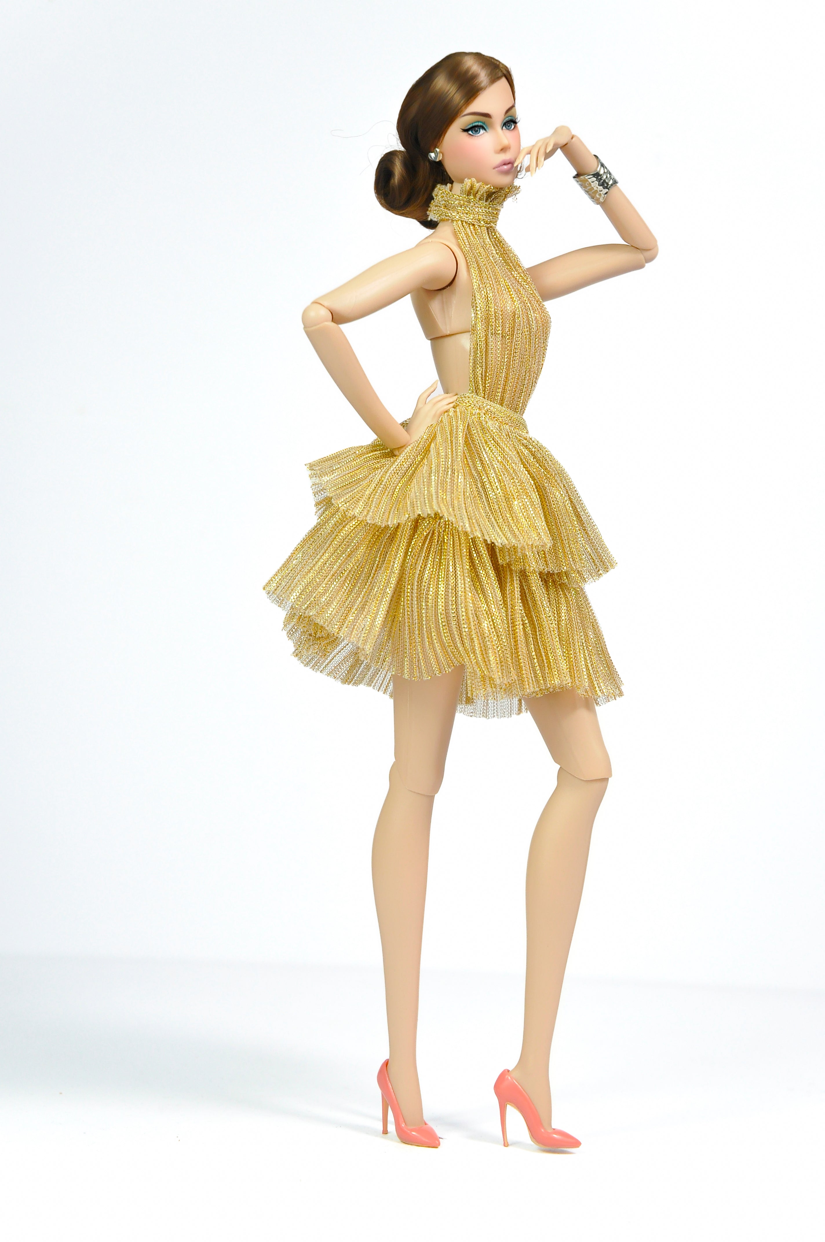 Gold Ruffled Halter Dress for Fashion Royalty | FR2 NuFace Party Dress | Tiered Metallic Doll Outfit | 1/6 Scale Couture