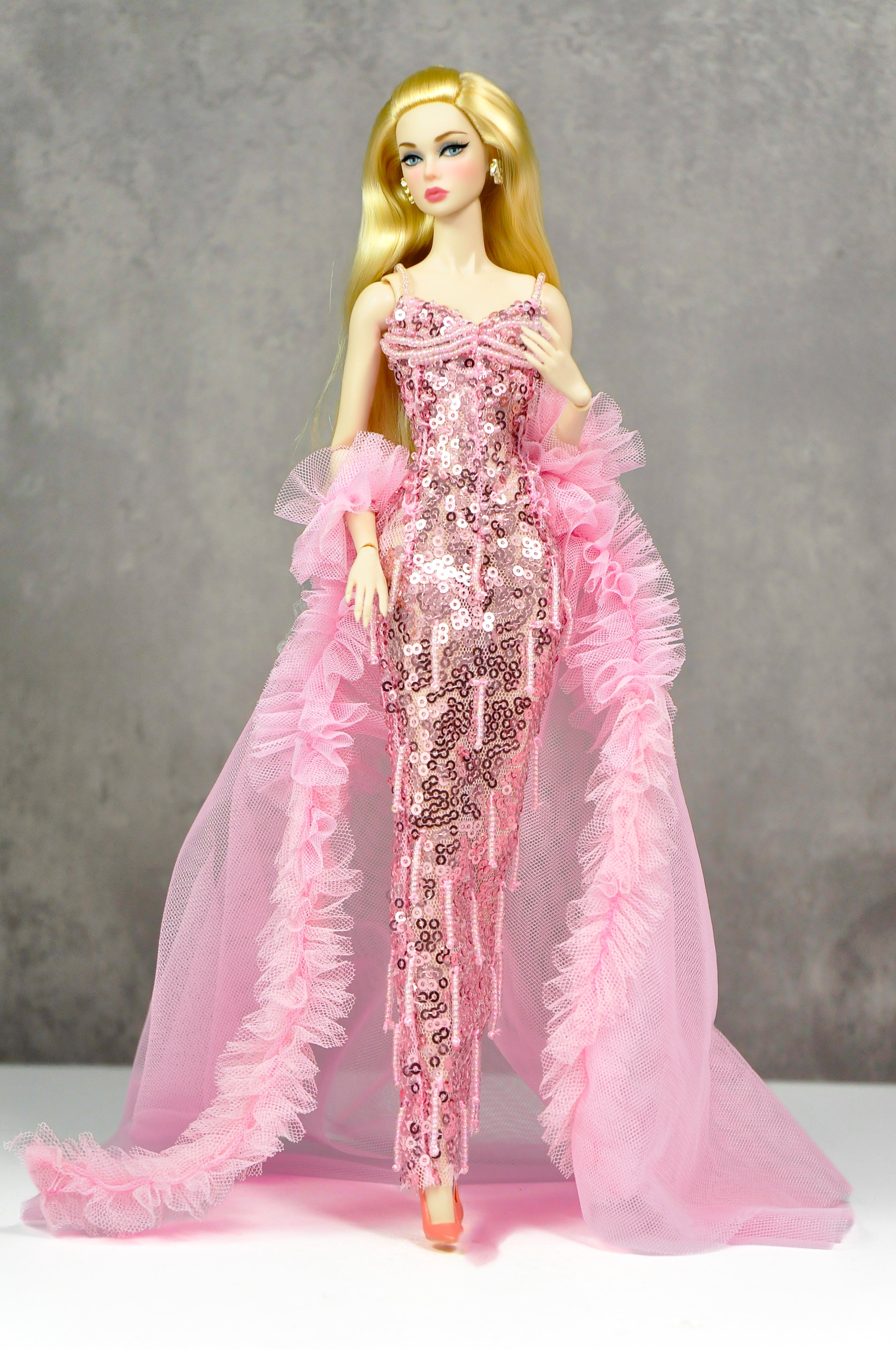 OOAK | Rosy Starlet – Pink Sequin Mermaid Gown with Tulle Ruffle Train | Fashion Royalty Doll Clothes | PlastikTiara
