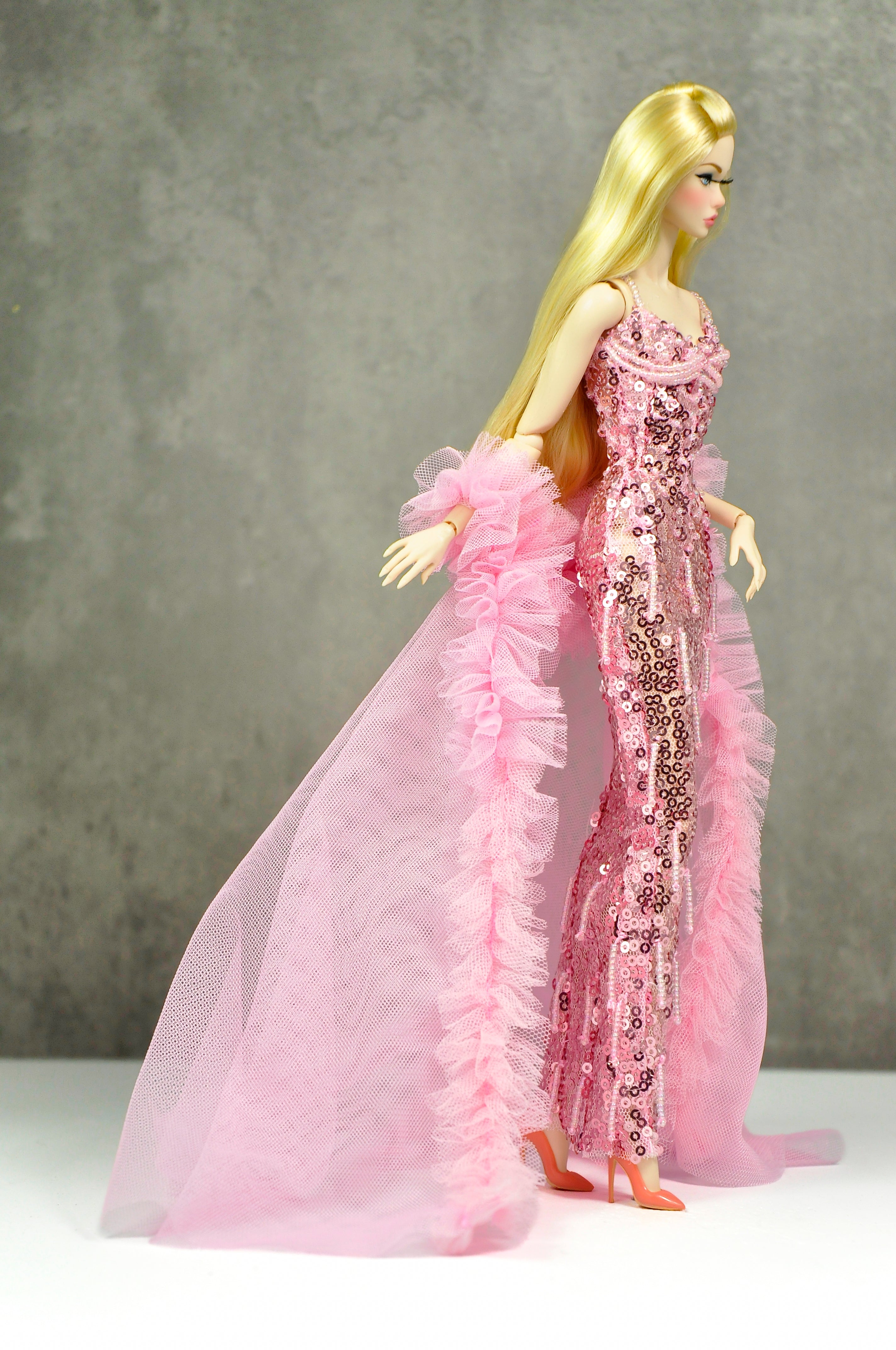 OOAK | Rosy Starlet – Pink Sequin Mermaid Gown with Tulle Ruffle Train | Fashion Royalty Doll Clothes | PlastikTiara