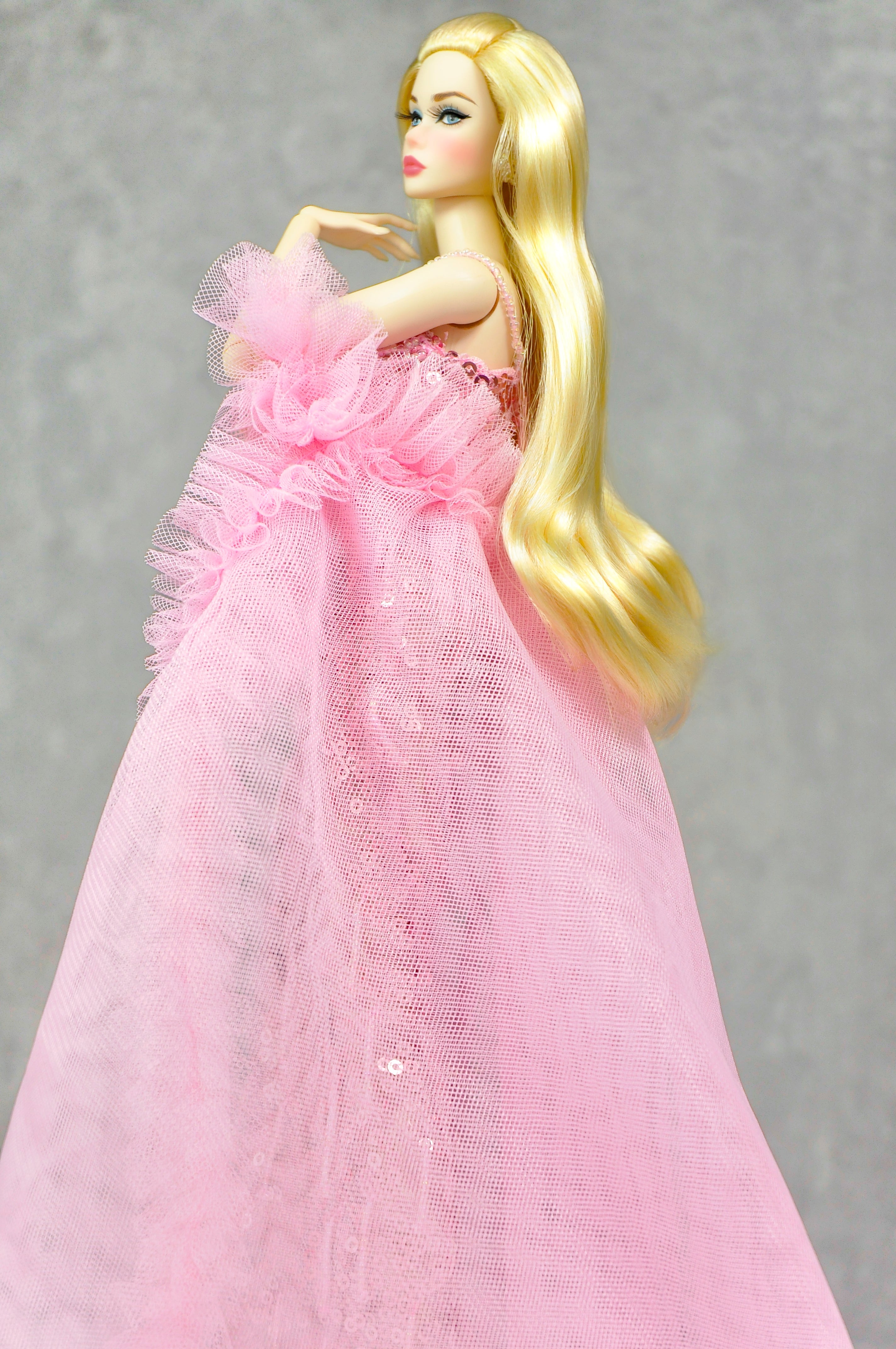 OOAK | Rosy Starlet – Pink Sequin Mermaid Gown with Tulle Ruffle Train | Fashion Royalty Doll Clothes | PlastikTiara