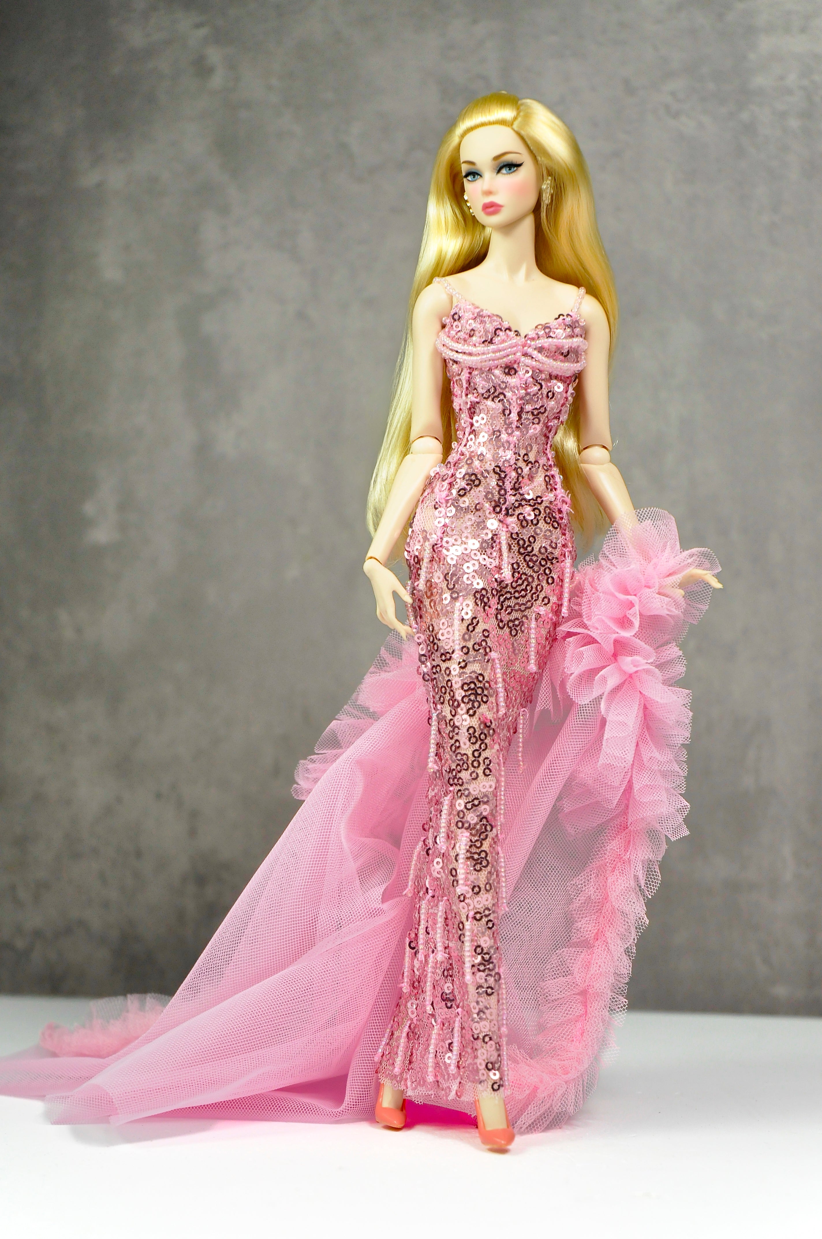 OOAK | Rosy Starlet – Pink Sequin Mermaid Gown with Tulle Ruffle Train | Fashion Royalty Doll Clothes | PlastikTiara