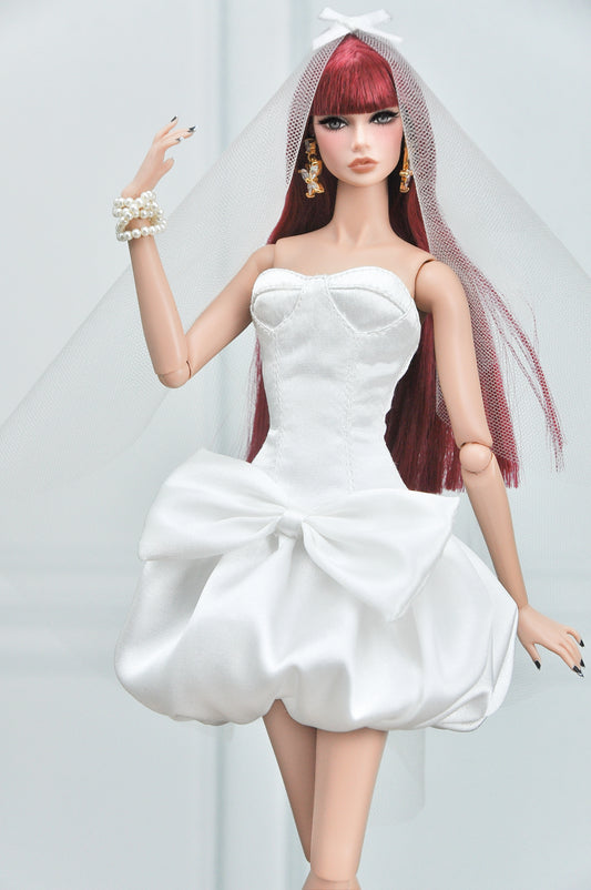 BRIDAL | Bow Whisper Bridal Mini Dress – Couture Wedding Outfit for Fashion Royalty Dolls by Plastik Tiara