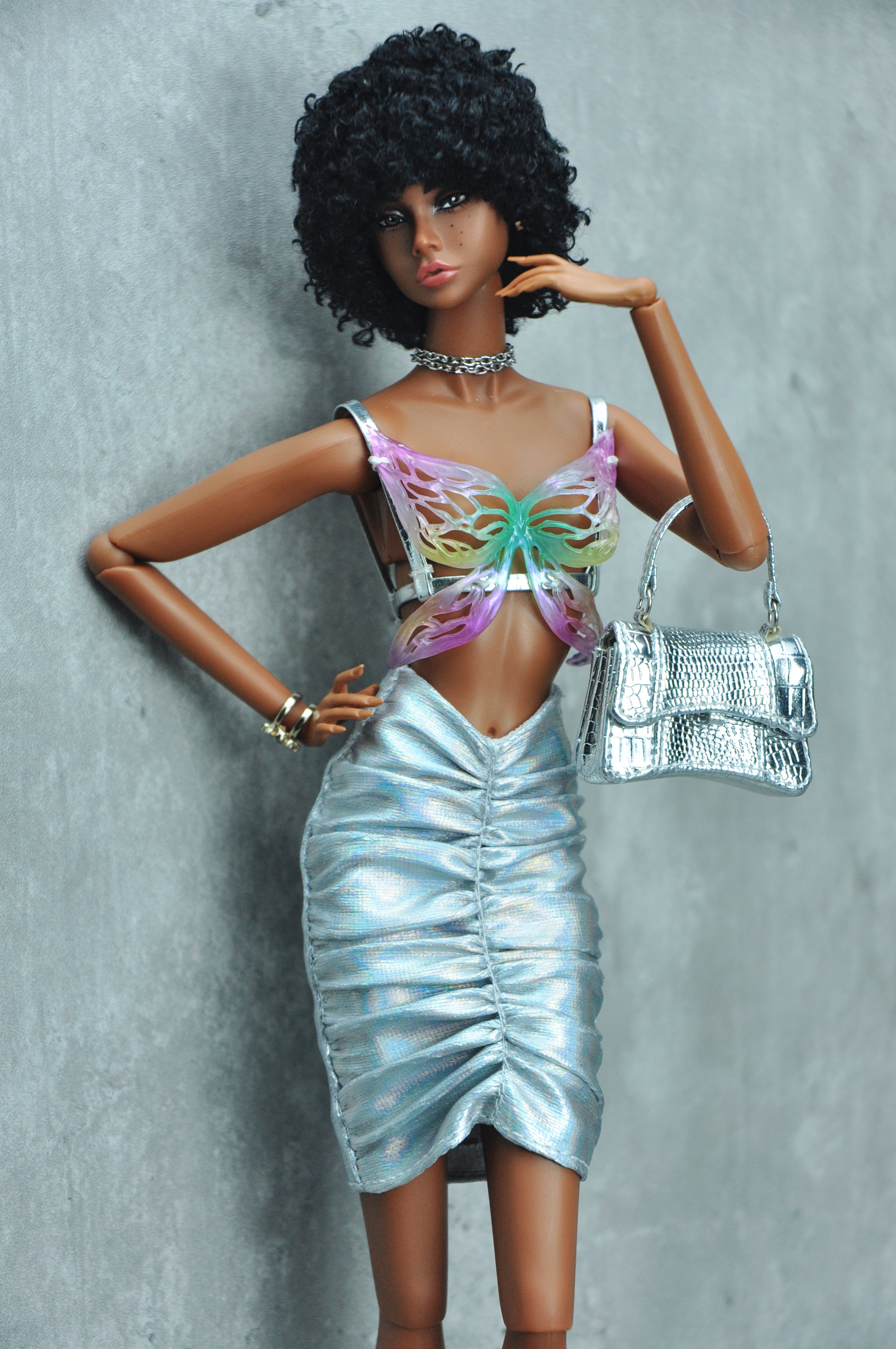 3D PROJECT | Iridescent Butterfly Top & Metallic Draped Skirt  Fashion Royalty 6.0 Doll Clothes | 1/6 Scale Couture Outfit