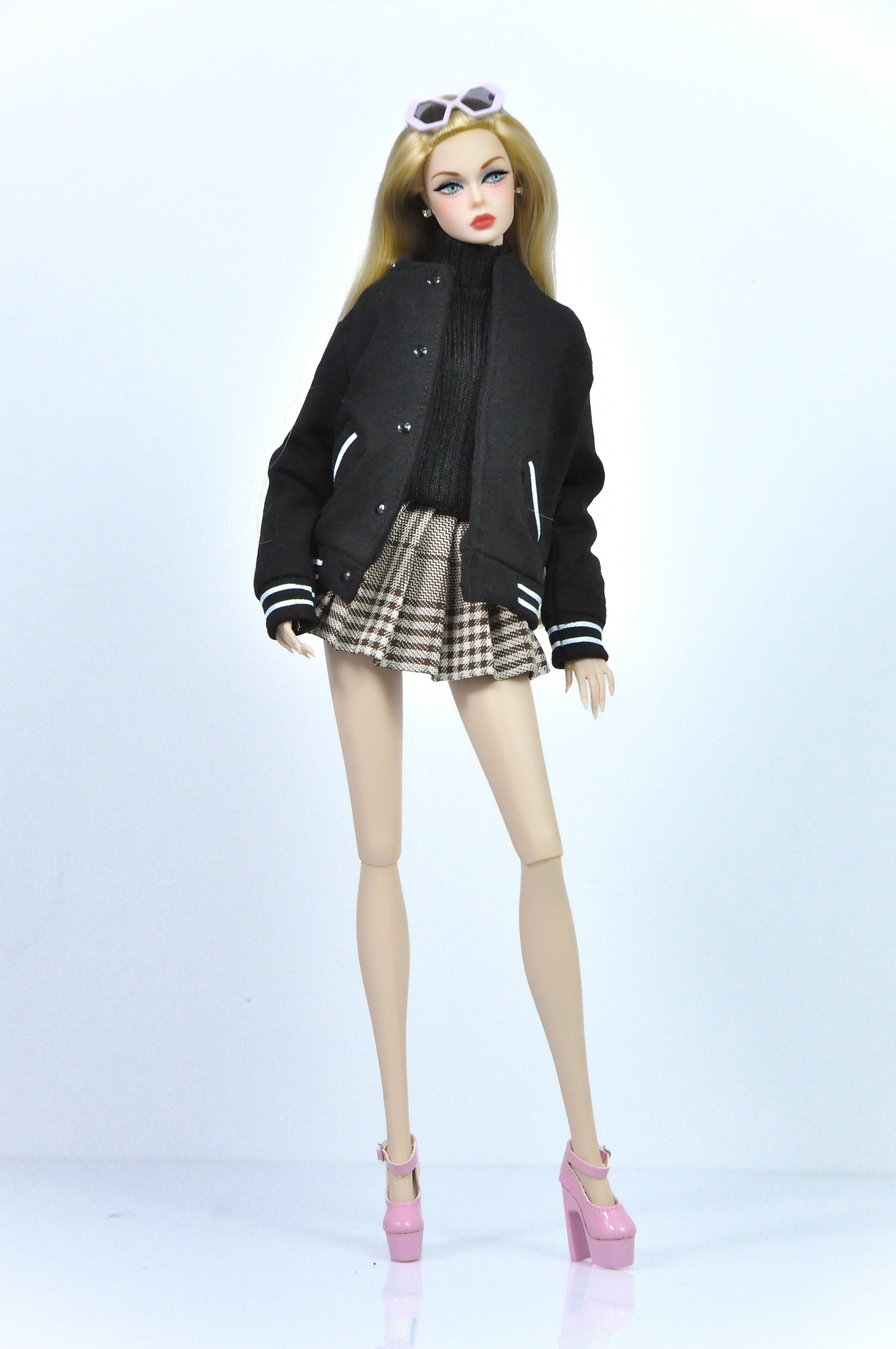OOAK | "Basic Retreats" - A set of bomber jacket, turtle neck sweater and pleated check skirt for Fashion Royalty & NU FACE 6.0 doll clothes