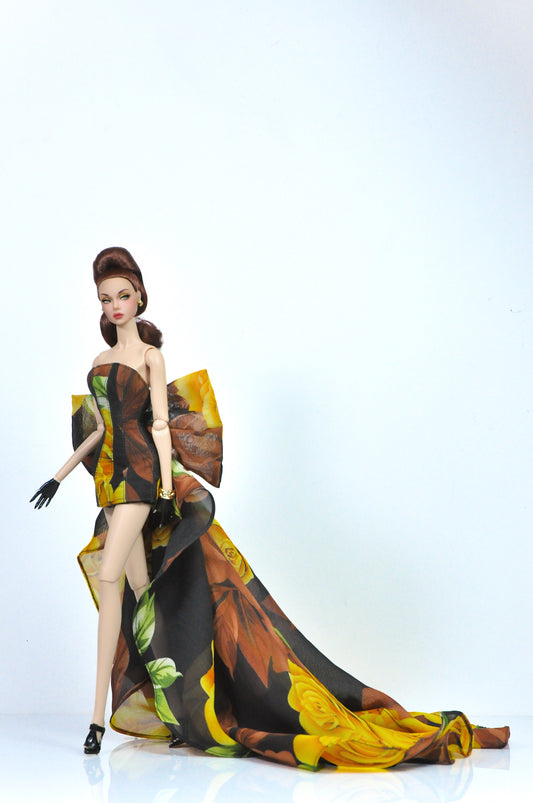OOAK | "Rose Reigns" - Bustier dress with floral pattern print & attachable bow for Fashion Royalty & NU FACE doll