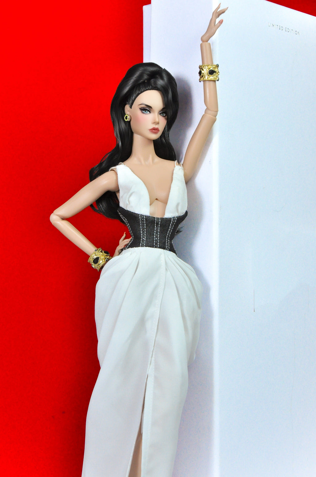 OOAK | "Empathy Goddess" White silk ruched dress with denim contrast bodice for Fashion Royalty & NU FACE doll
