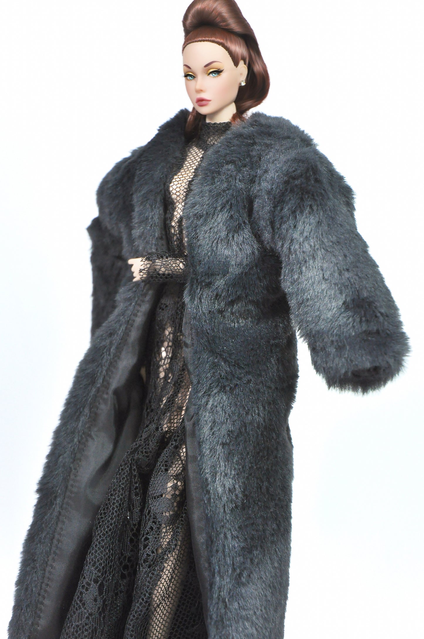 OOAK | Noir Drama - Lace evening gown & faux fur coat for Fashion Royalty doll & NU FACE doll