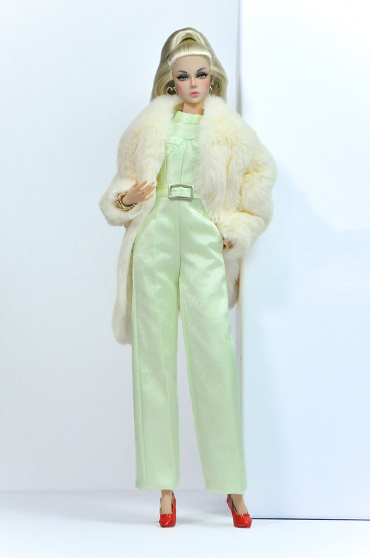 OOAK | Mint Luxe | Mint Jumpsuit with Faux Fur Coat – Fashion Royalty Doll Clothes