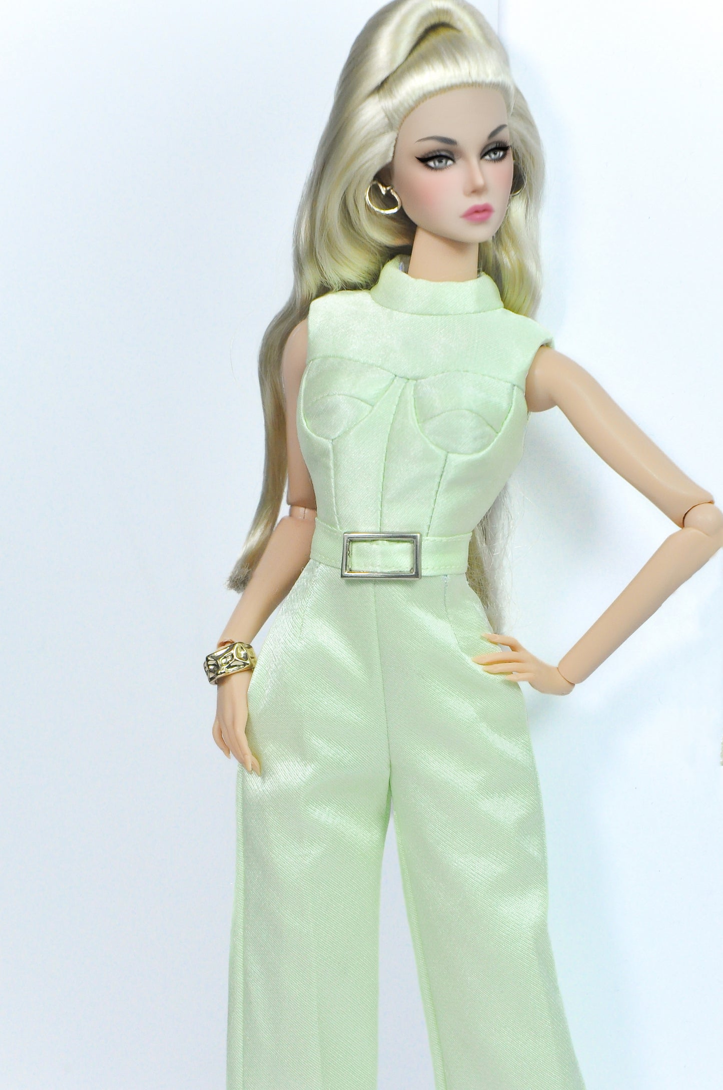 OOAK | Mint Luxe | Mint Jumpsuit with Faux Fur Coat – Fashion Royalty Doll Clothes