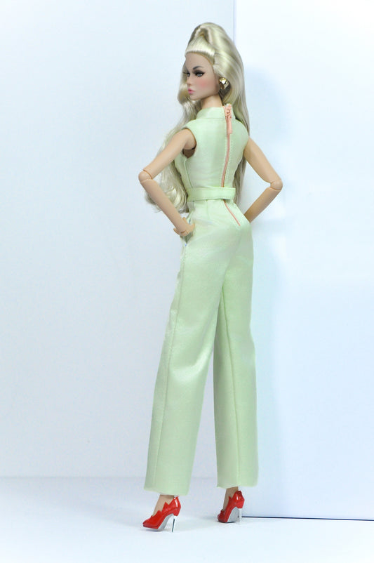 OOAK | Mint Luxe | Mint Jumpsuit with Faux Fur Coat – Fashion Royalty Doll Clothes