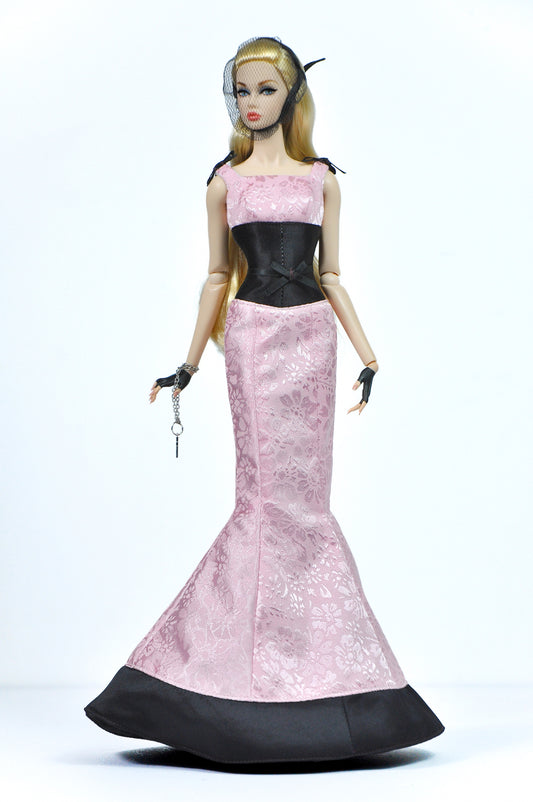 OOAK | Midnight Bloom - Fashion Royalty Pink Jacquard Mermaid Doll Gown with Black Corset