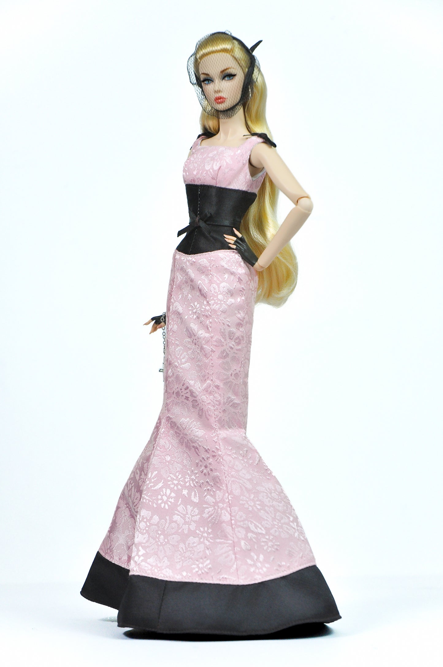 OOAK | Midnight Bloom - Fashion Royalty Pink Jacquard Mermaid Doll Gown with Black Corset