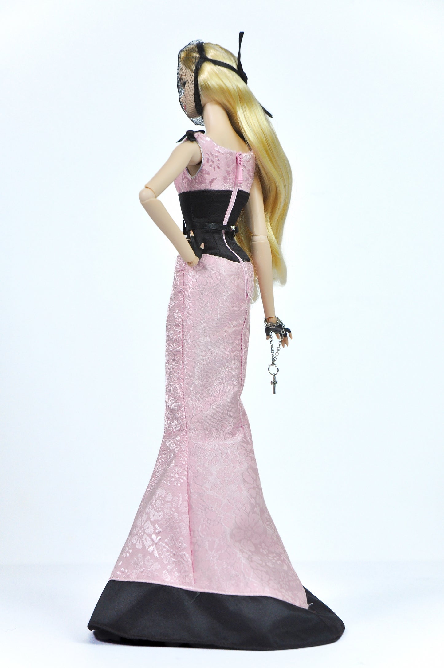 OOAK | Midnight Bloom - Fashion Royalty Pink Jacquard Mermaid Doll Gown with Black Corset