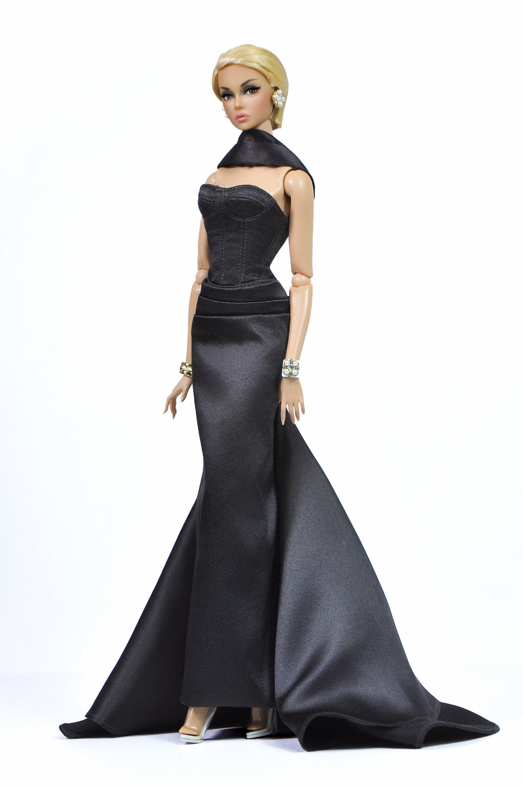 OOAK | Nocturne Elegance - Fashion Royalty Black Satin Strapless Evening Doll Gown