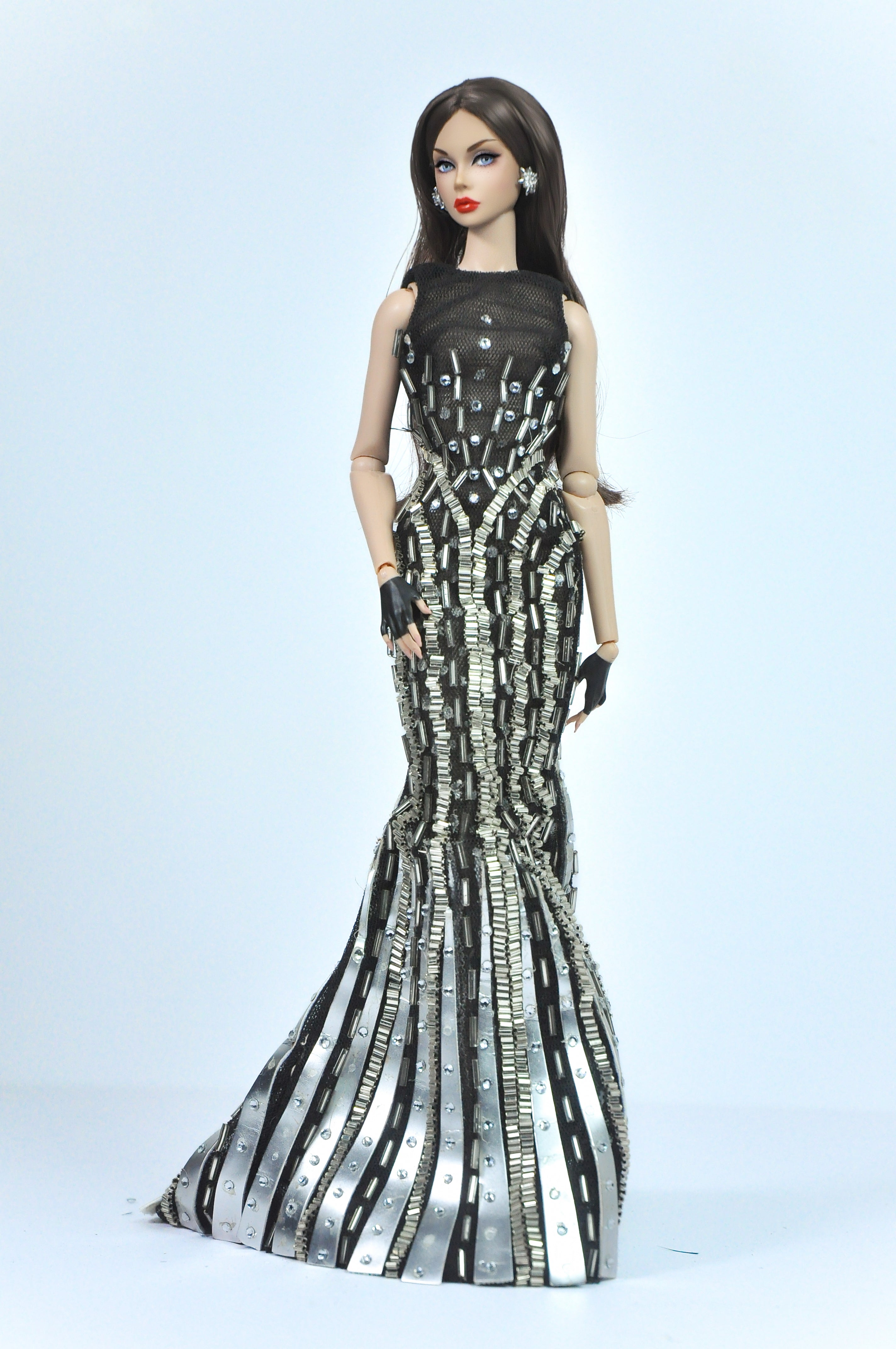 OOAK | Fashion Royalty 6.0 Doll Clothes – Black & Silver Art Deco Beaded Gown with Feather Boa