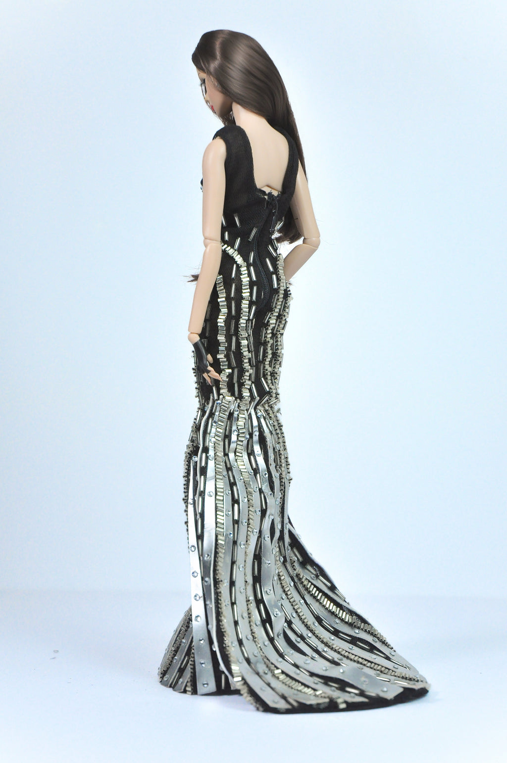 OOAK | Fashion Royalty 6.0 Doll Clothes – Black & Silver Art Deco Beaded Gown with Feather Boa