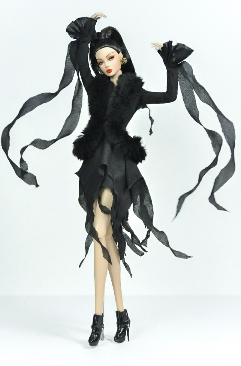 BASIC | Midnight Siren Dress – Fashion Royalty 6.0 Doll Couture Black Gown with Fur Trim