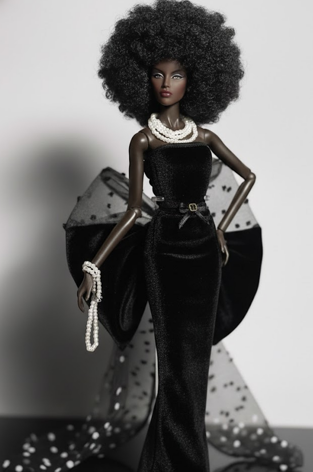 BASIC | Midnight Pearl Gown – Fashion Royalty 6.0 Doll Clothes | Black Velvet Evening Dress with Tulle Bow Train