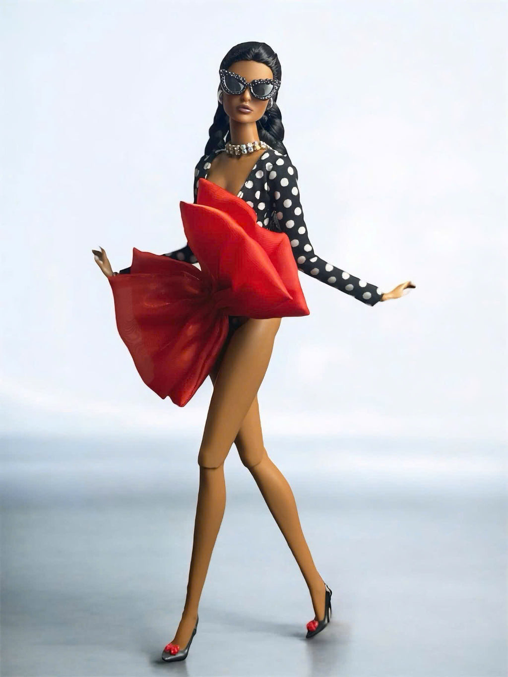 BASIC | Polka Dot Deep-V Bodysuit with Oversized Red Bow for Fashion Royalty doll clothes